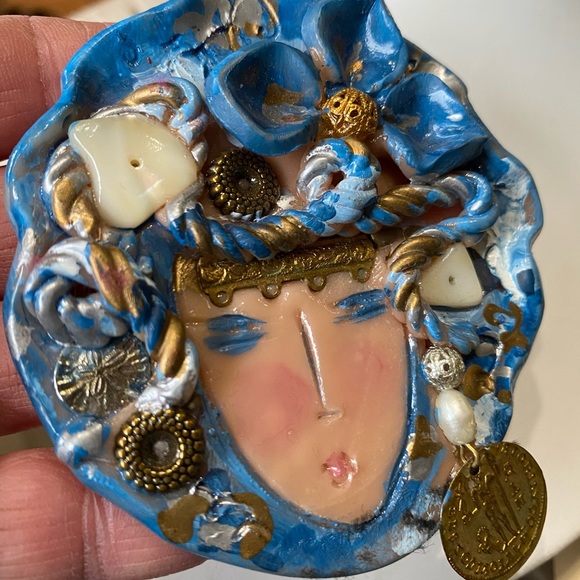 Hand-Made Jeweled Blue Lady Pin - w/ Gold - Picture 3 of 15